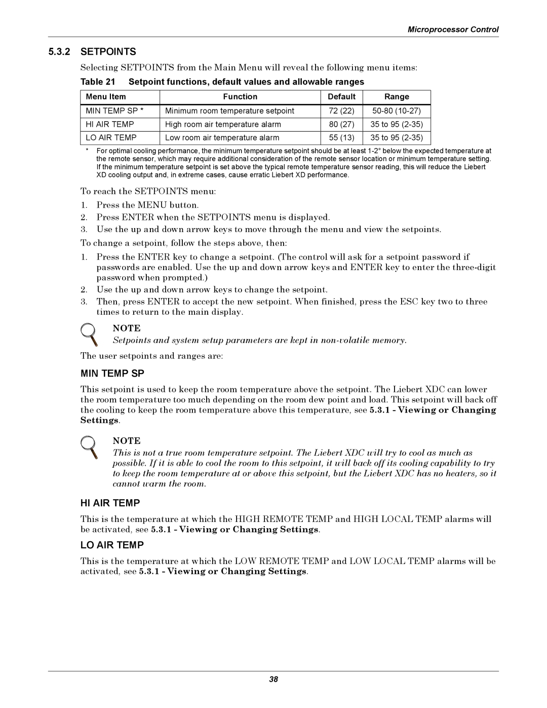 Liebert XDC Setpoints, MIN Temp SP, HI AIR Temp, LO AIR Temp, Setpoint functions, default values and allowable ranges 