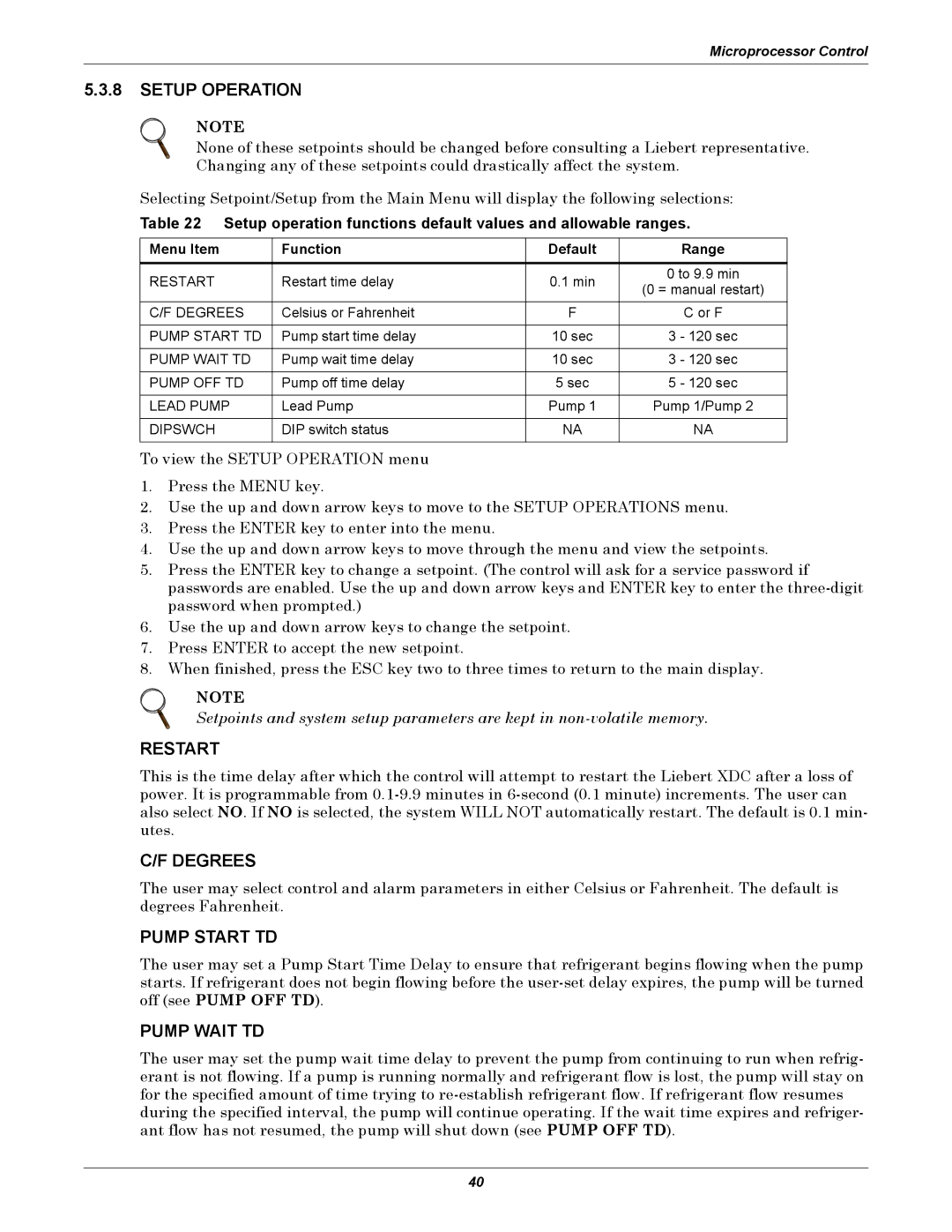 Liebert XDC user manual Setup Operation, Restart, Degrees, Pump Start TD, Pump Wait TD 