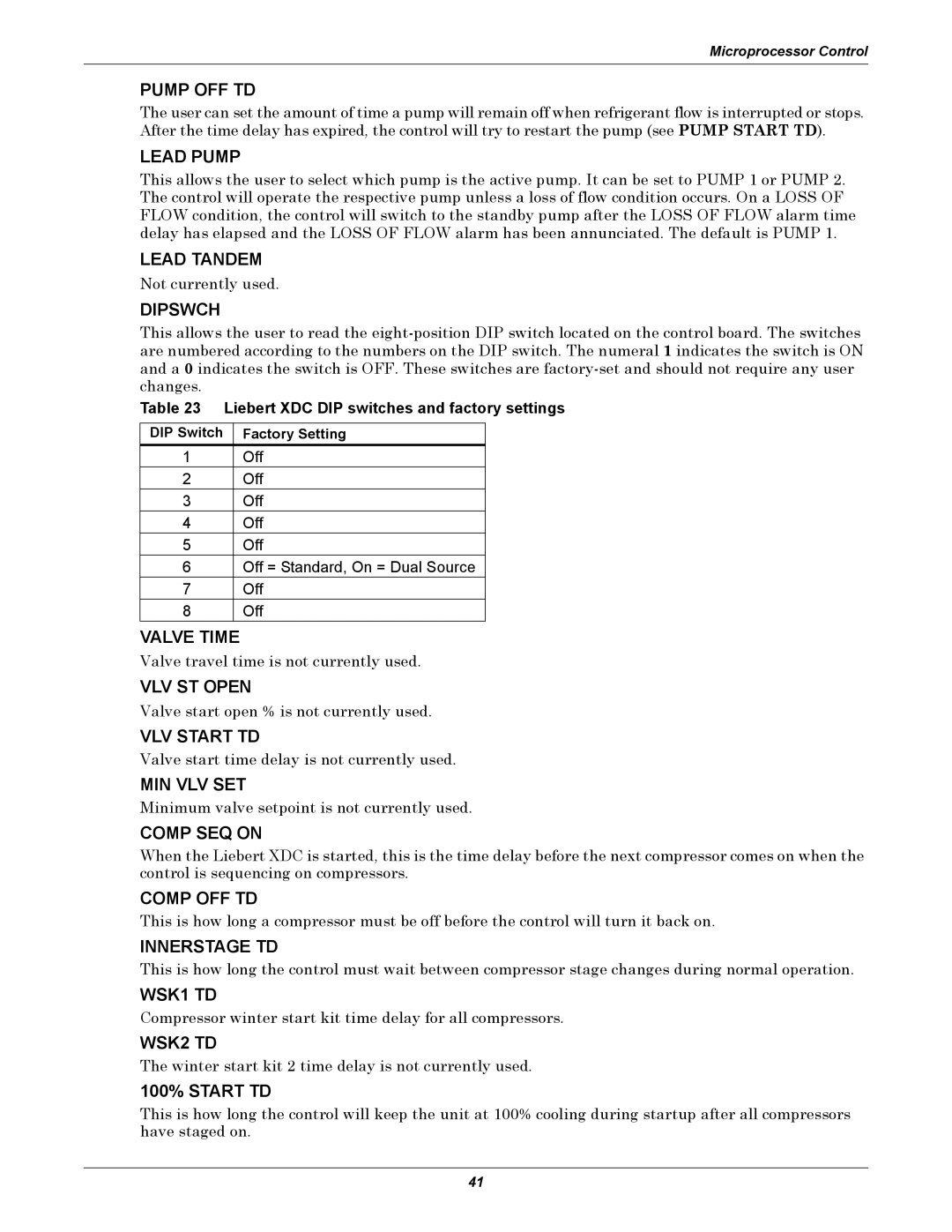 Liebert XDC Pump OFF TD, Lead Pump, Lead Tandem, Dipswch, Valve Time, VLV ST Open, VLV Start TD, Min Vlv Set, Comp SEQ on 