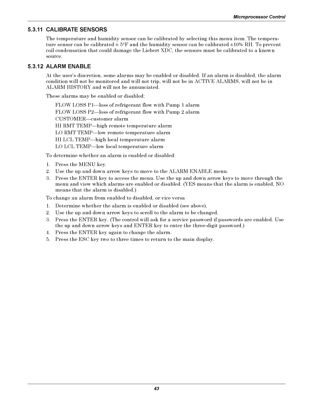 Liebert XDC user manual Calibrate Sensors, Alarm Enable 