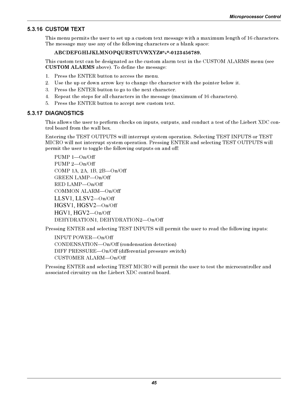 Liebert XDC user manual Custom Text, Diagnostics 