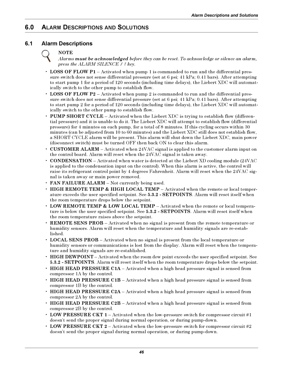 Liebert XDC user manual Alarm Descriptions and Solutions 