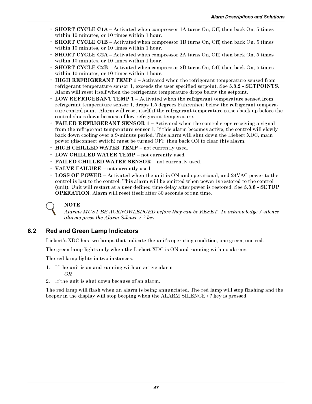 Liebert XDC user manual Red and Green Lamp Indicators 