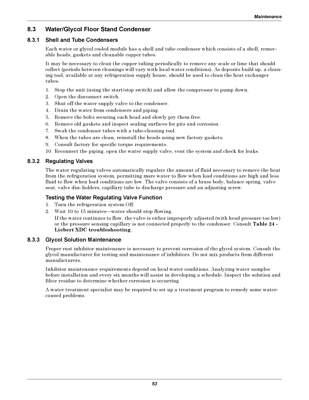 Liebert XDC Water/Glycol Floor Stand Condenser, Shell and Tube Condensers, Regulating Valves, Glycol Solution Maintenance 