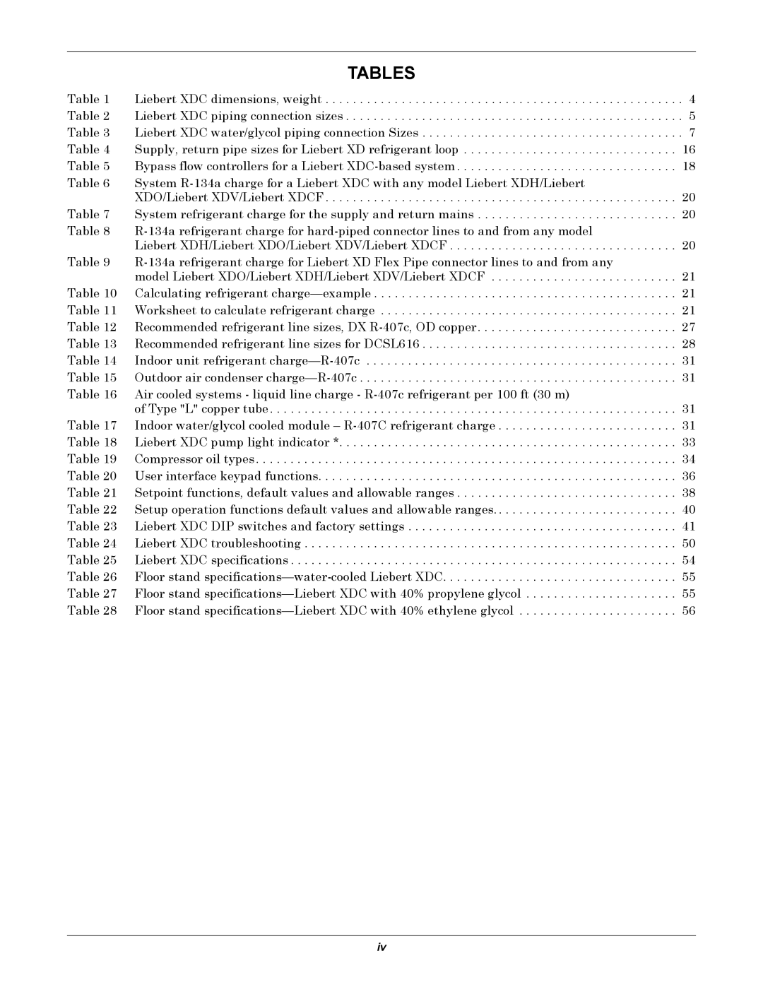 Liebert XDC user manual Tables 