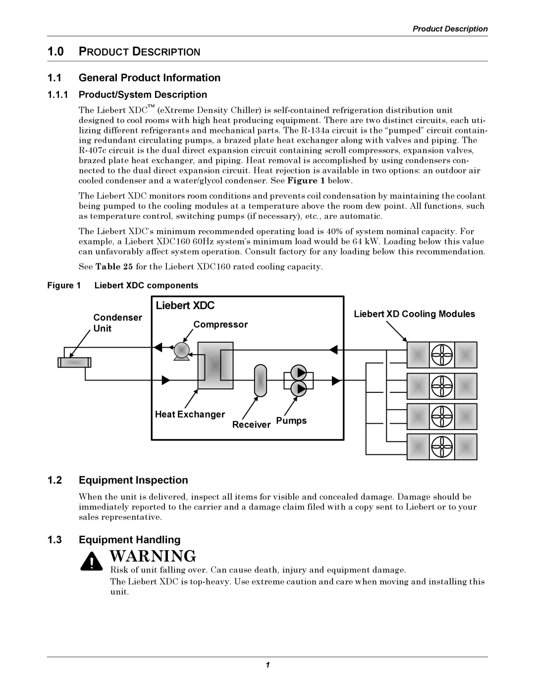 Liebert XDC user manual General Product Information, Equipment Inspection, Equipment Handling, Product Description 