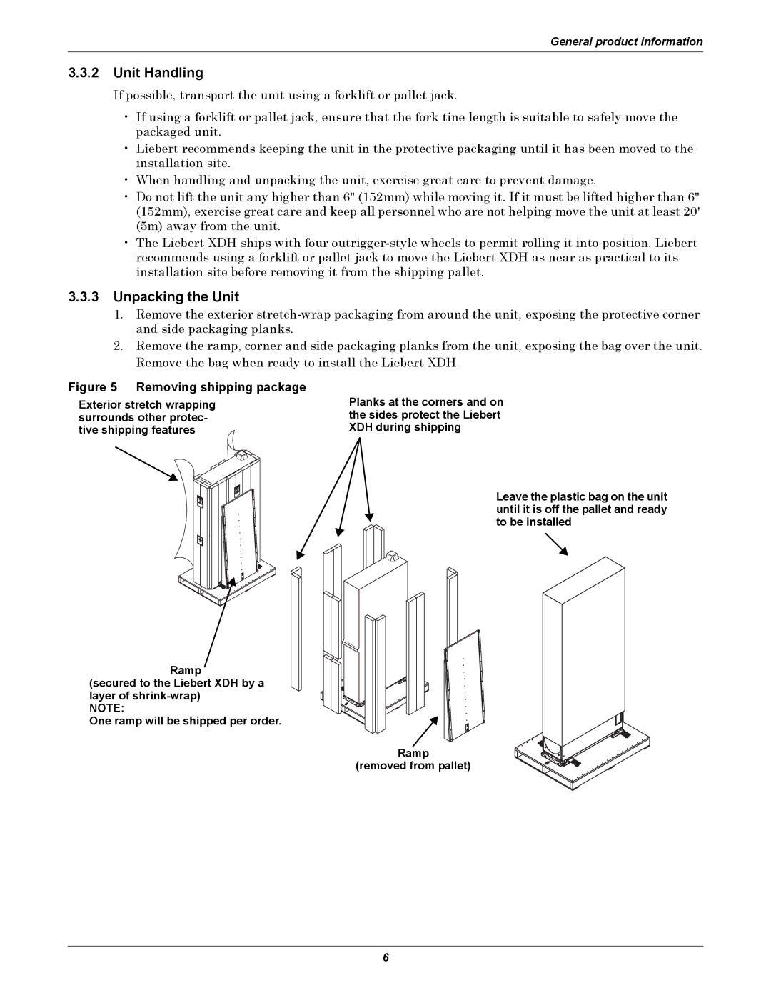 Liebert XDH manual Unit Handling, Unpacking the Unit 