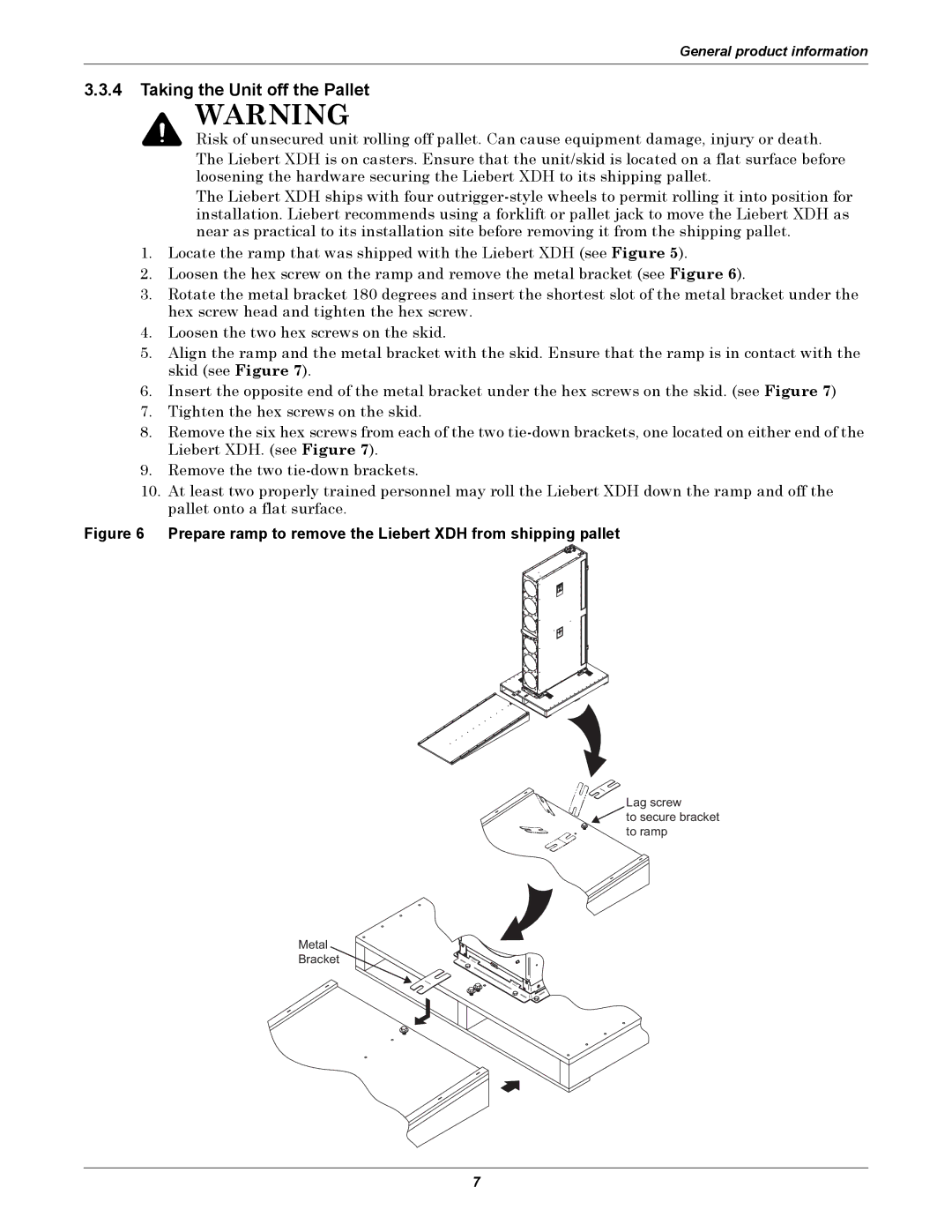 Liebert manual Taking the Unit off the Pallet, Prepare ramp to remove the Liebert XDH from shipping pallet 