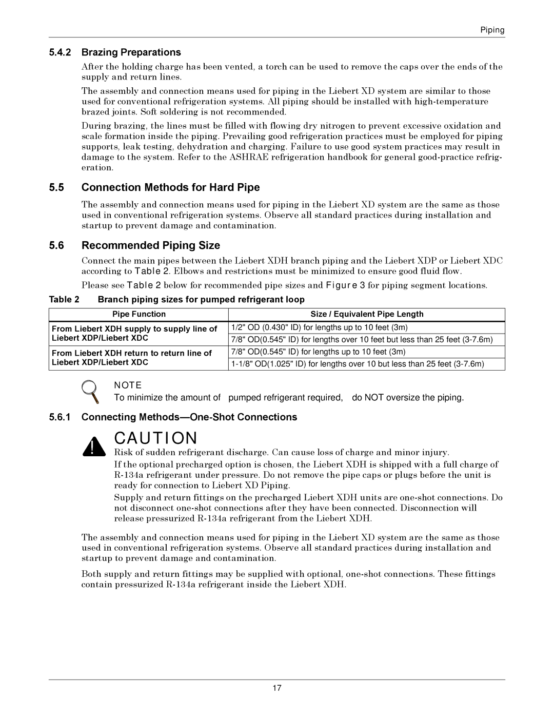 Liebert XDH manual Connection Methods for Hard Pipe, Recommended Piping Size, Brazing Preparations 