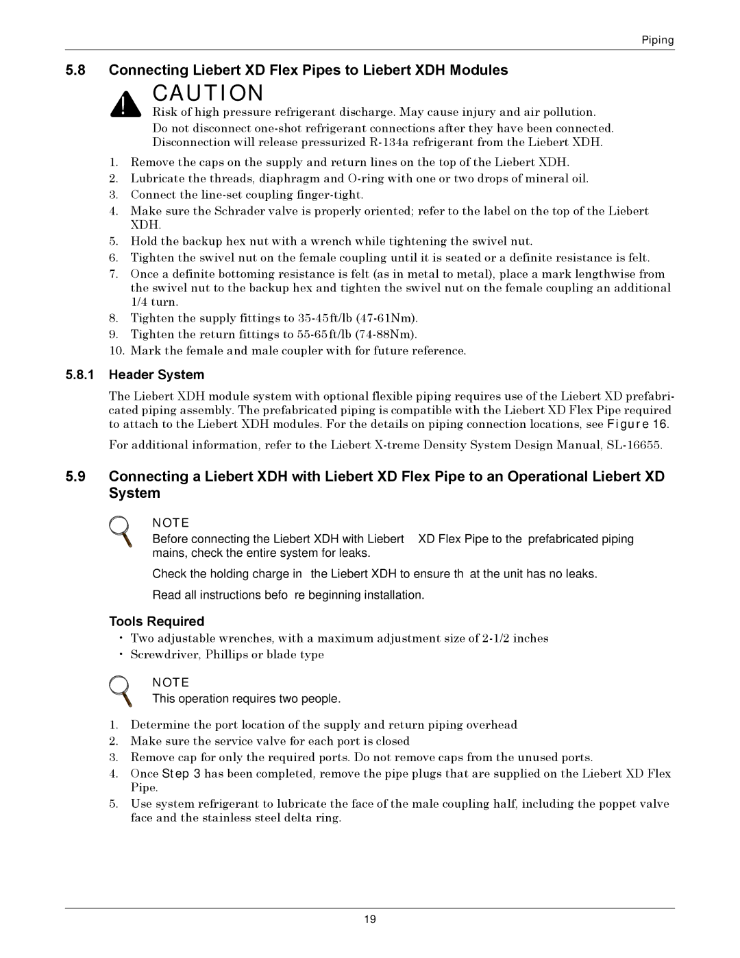 Liebert manual Connecting Liebert XD Flex Pipes to Liebert XDH Modules, Header System, Tools Required 