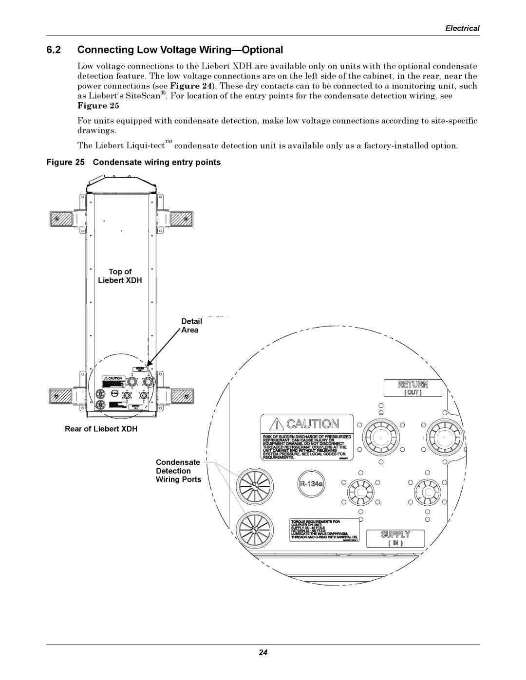 Liebert XDH manual Connecting Low Voltage Wiring-Optional, Condensate wiring entry points 