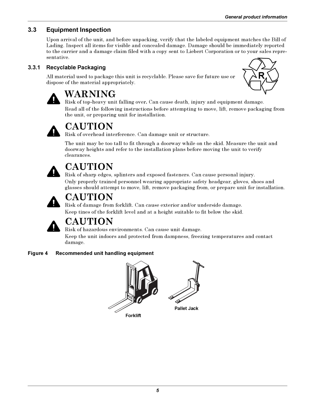 Liebert XDH manual Equipment Inspection, Recyclable Packaging 