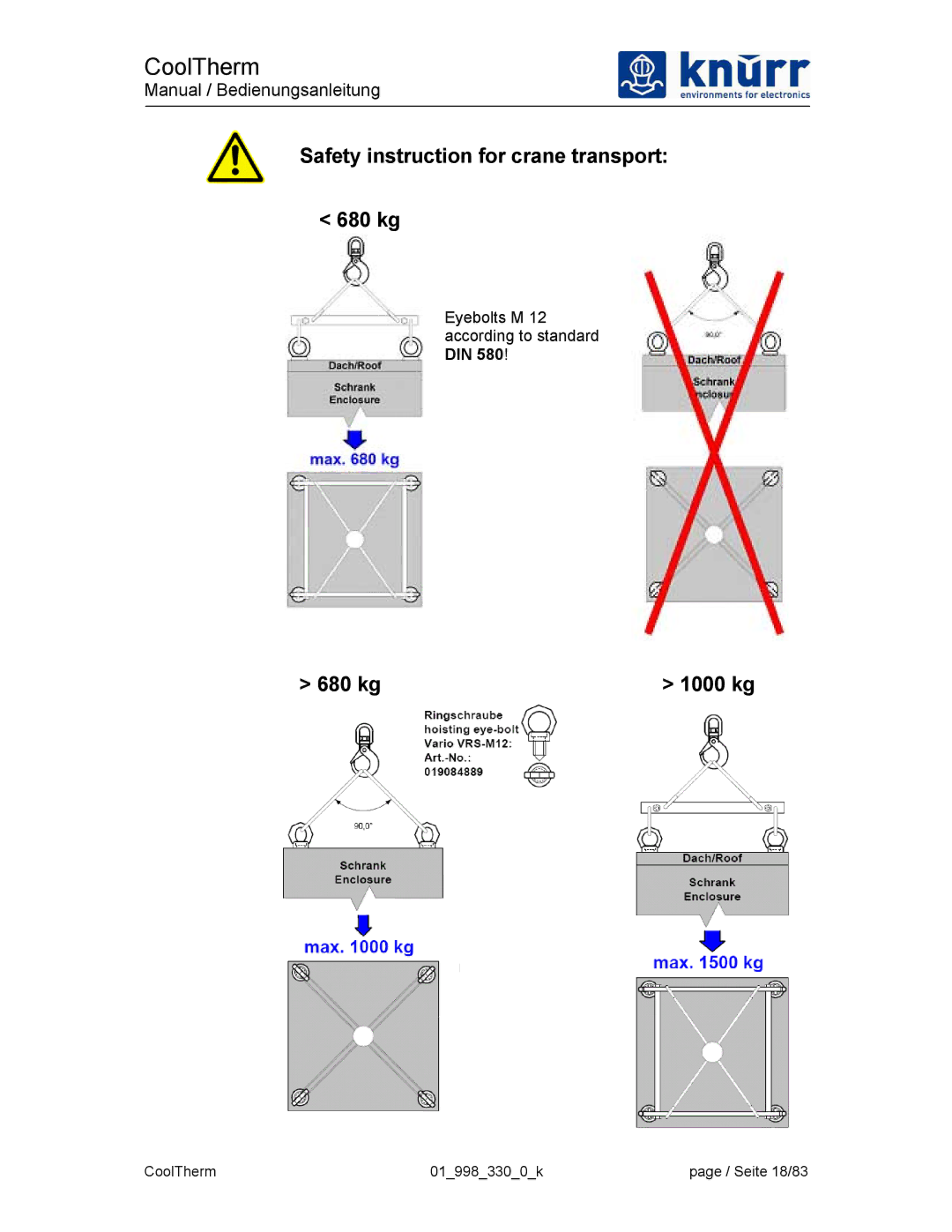 Liebert XDK-W user manual Safety instruction for crane transport 680 kg 