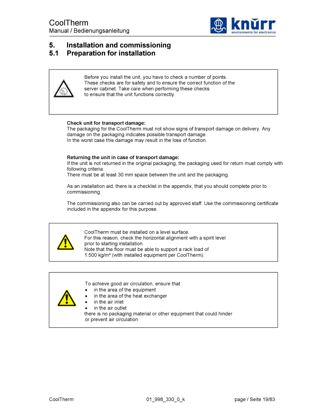 Liebert XDK-W user manual Installation and commissioning Preparation for installation, Check unit for transport damage 