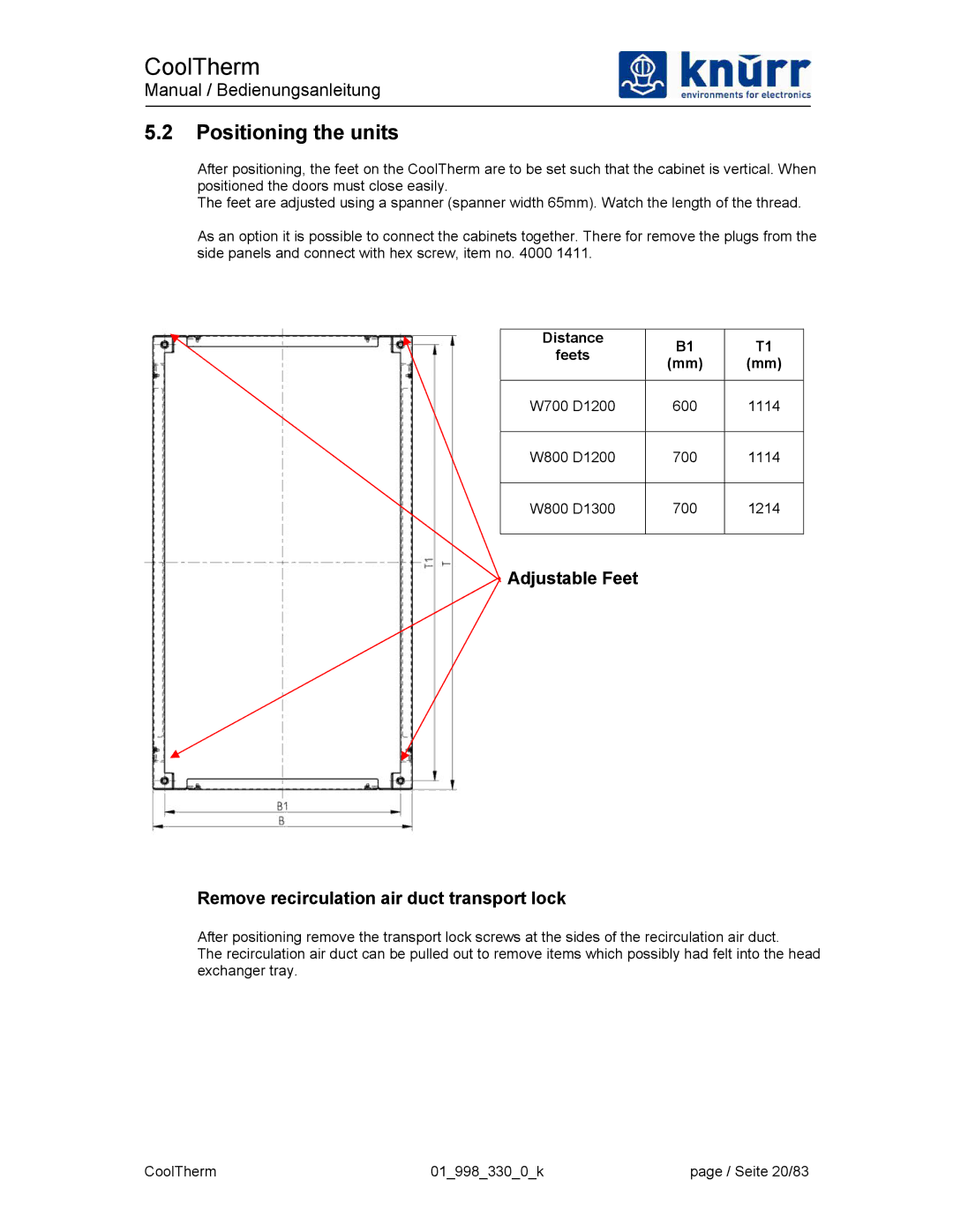 Liebert XDK-W user manual Positioning the units, Adjustable Feet Remove recirculation air duct transport lock 