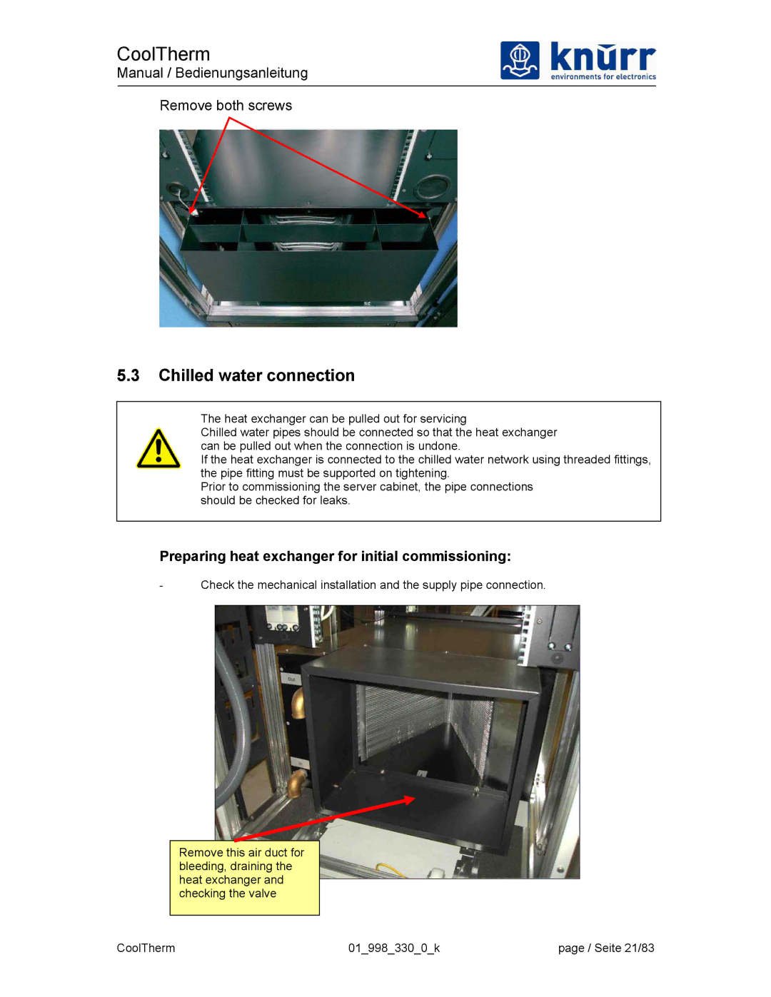 Liebert XDK-W user manual Chilled water connection, Preparing heat exchanger for initial commissioning 