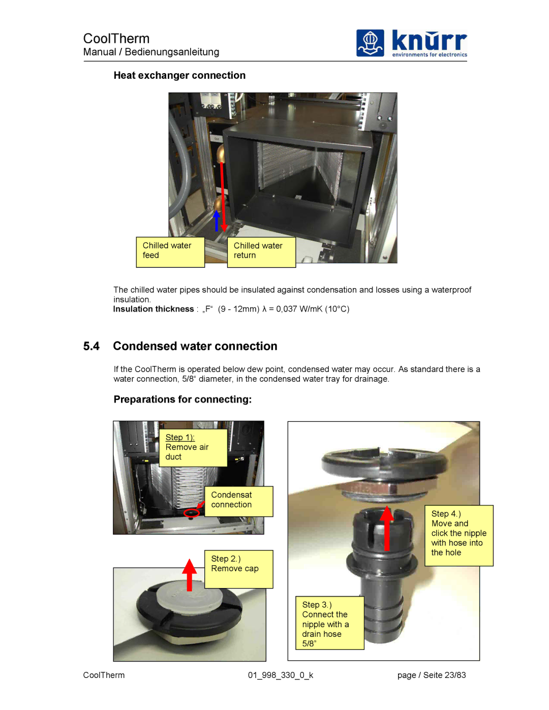 Liebert XDK-W user manual Condensed water connection, Heat exchanger connection, Preparations for connecting 