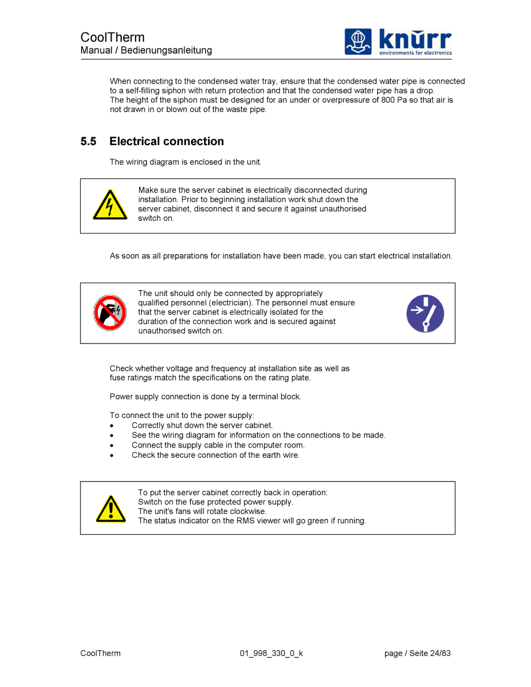 Liebert XDK-W user manual Electrical connection 