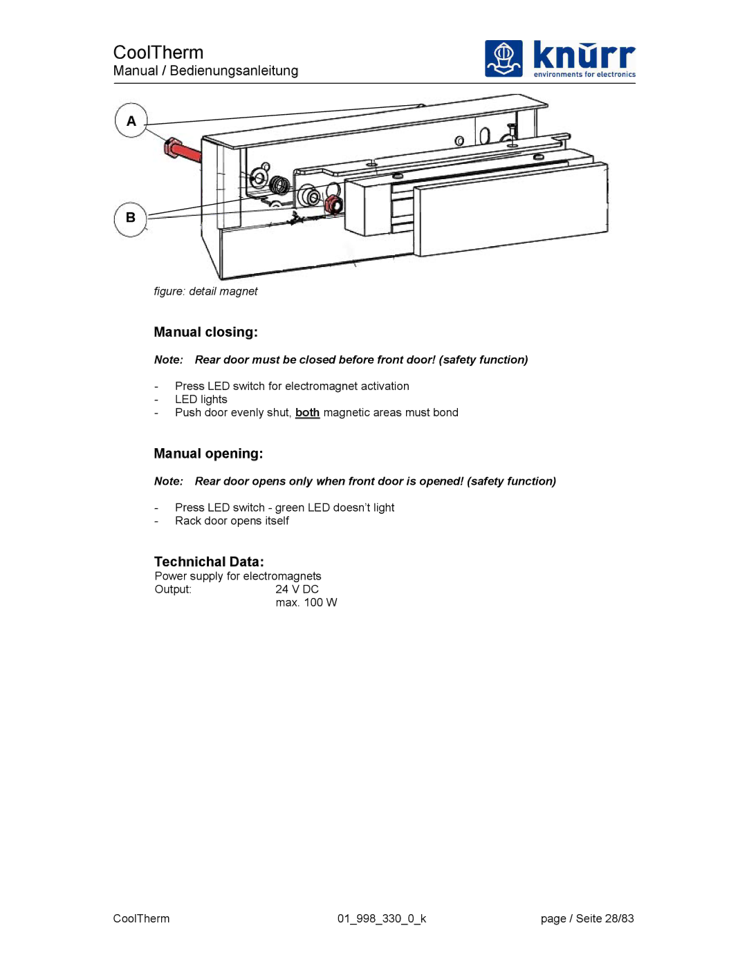 Liebert XDK-W user manual Manual closing, Manual opening, Technichal Data 