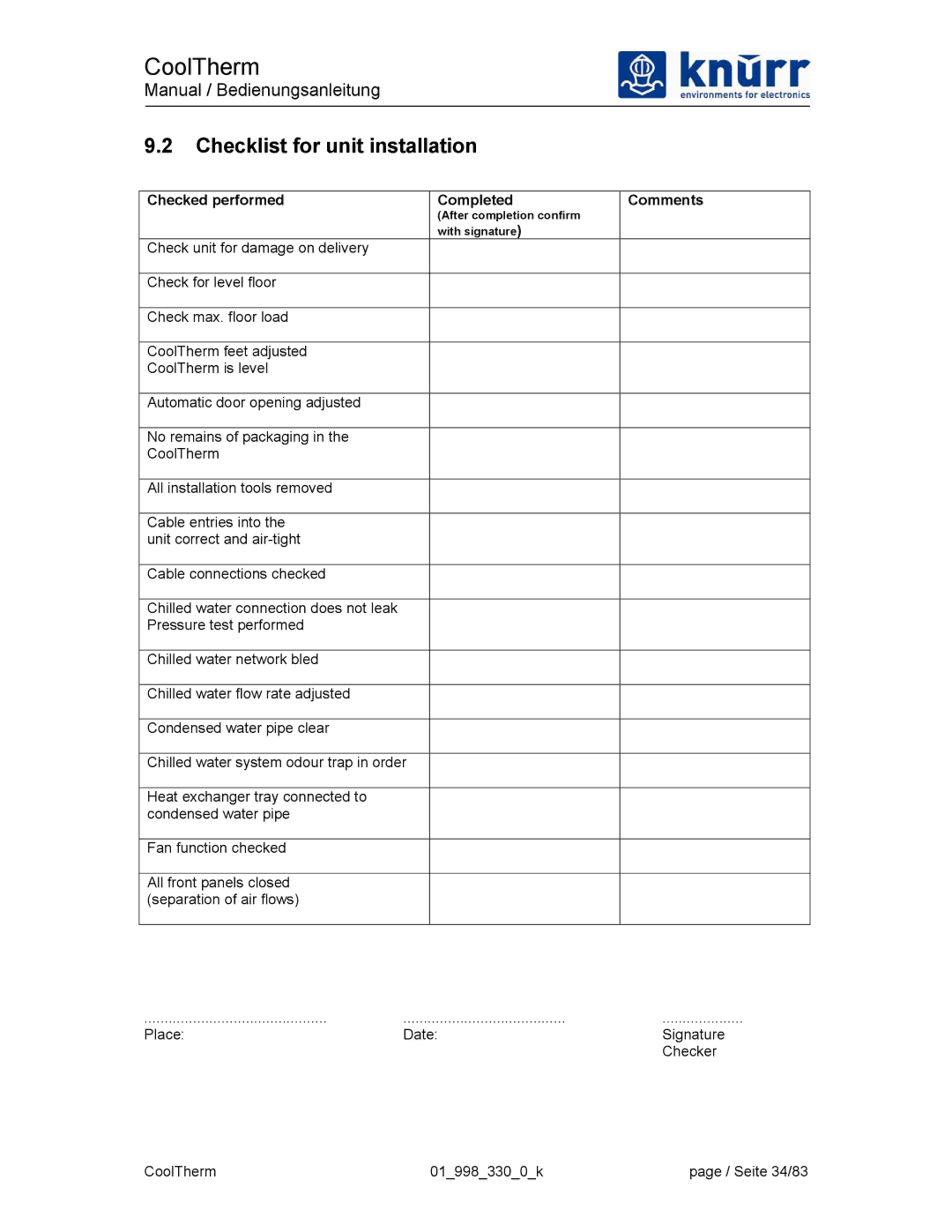 Liebert XDK-W user manual Checklist for unit installation, Checked performed Completed Comments 