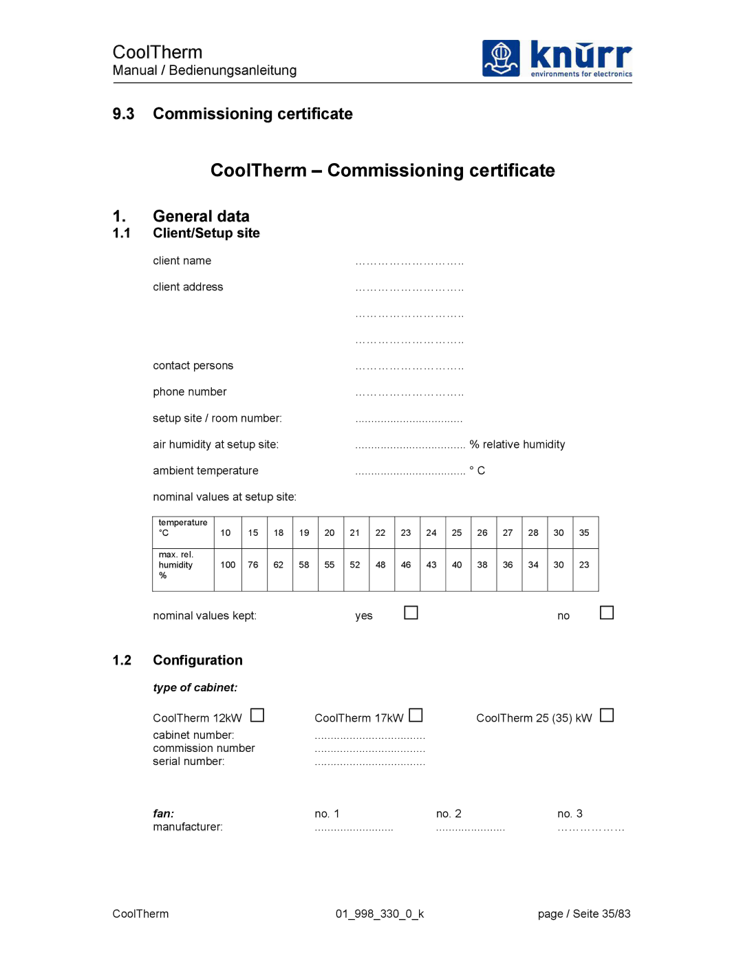 Liebert XDK-W user manual Commissioning certificate, General data, Client/Setup site, Configuration 