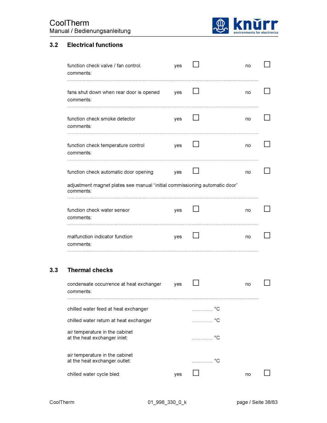 Liebert XDK-W user manual Electrical functions, Thermal checks 