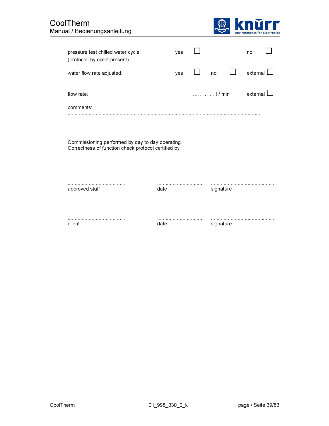 Liebert XDK-W user manual Water flow rate adjusted Yes Flow rate …………. l / min 