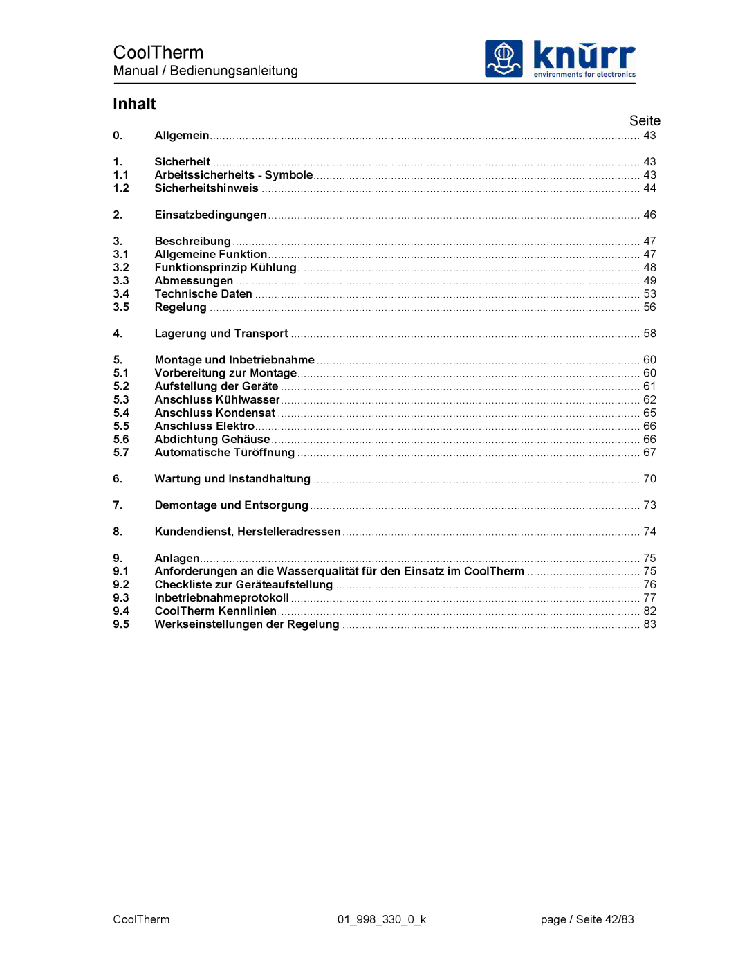 Liebert XDK-W user manual Inhalt, Seite 