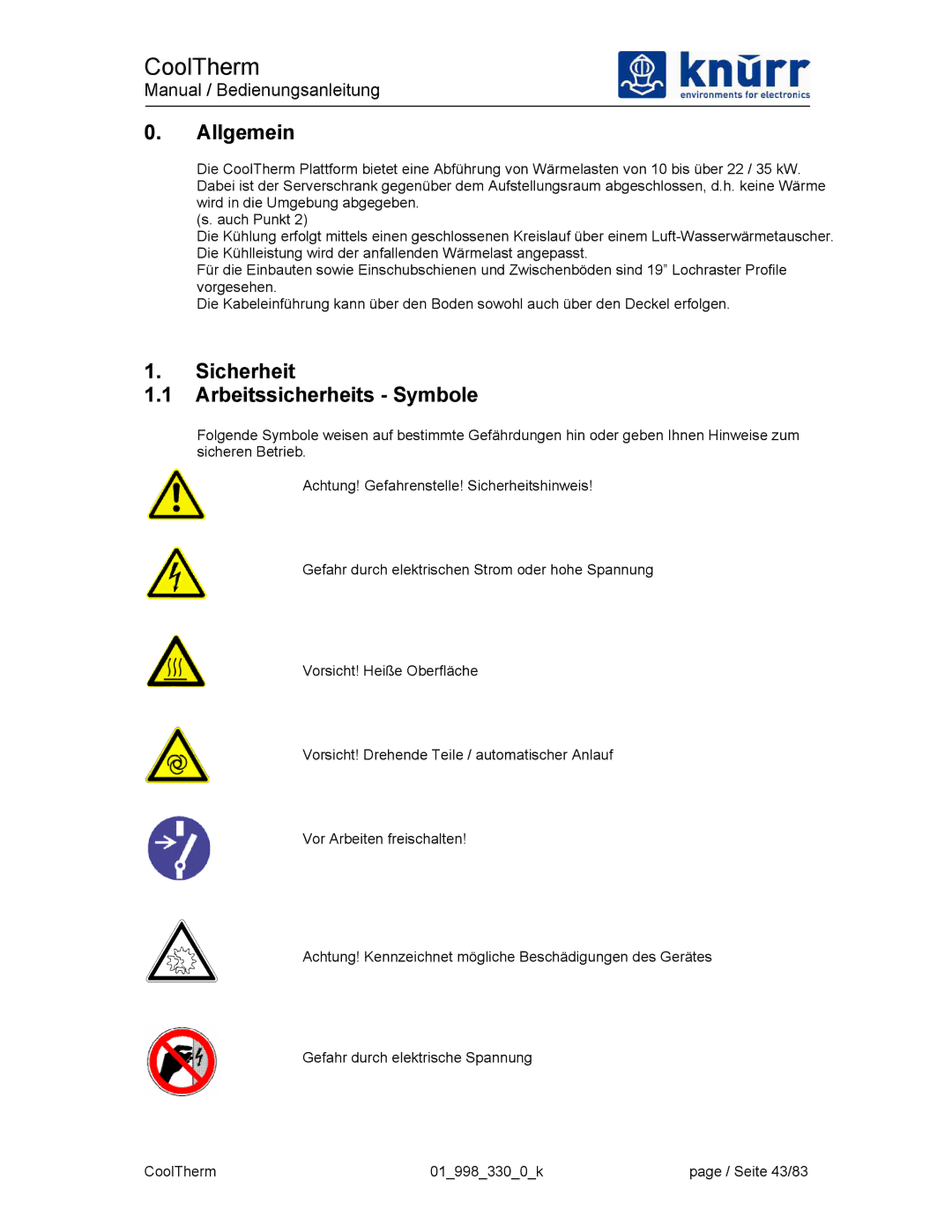 Liebert XDK-W user manual Allgemein, Sicherheit Arbeitssicherheits Symbole 