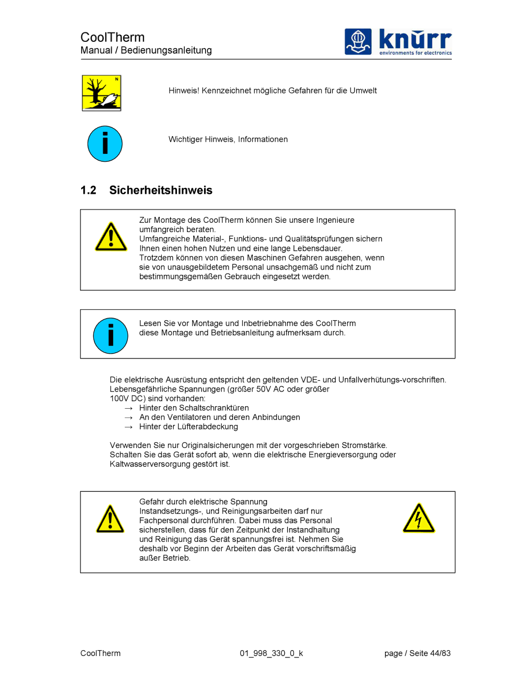 Liebert XDK-W user manual Sicherheitshinweis 