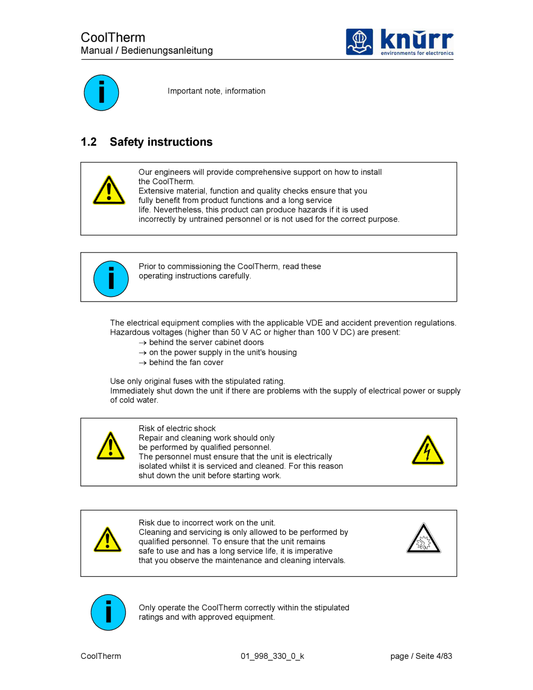 Liebert XDK-W user manual Safety instructions 