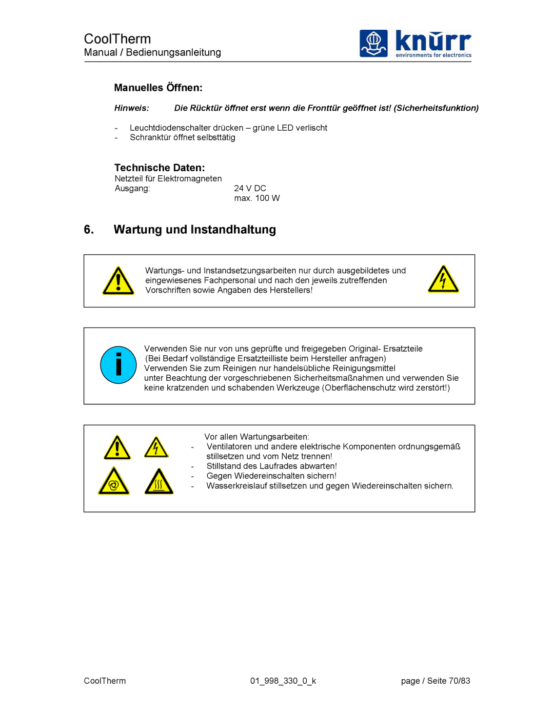 Liebert XDK-W user manual Wartung und Instandhaltung, Manuelles Öffnen, Technische Daten 