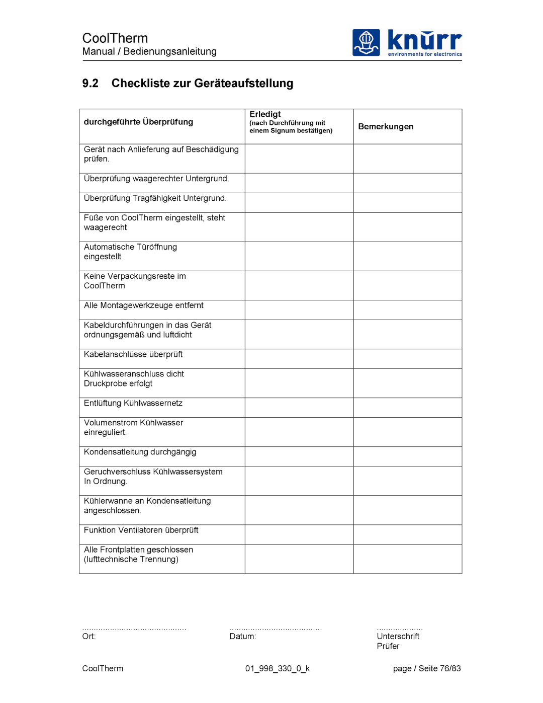 Liebert XDK-W user manual Checkliste zur Geräteaufstellung, Durchgeführte Überprüfung Erledigt 