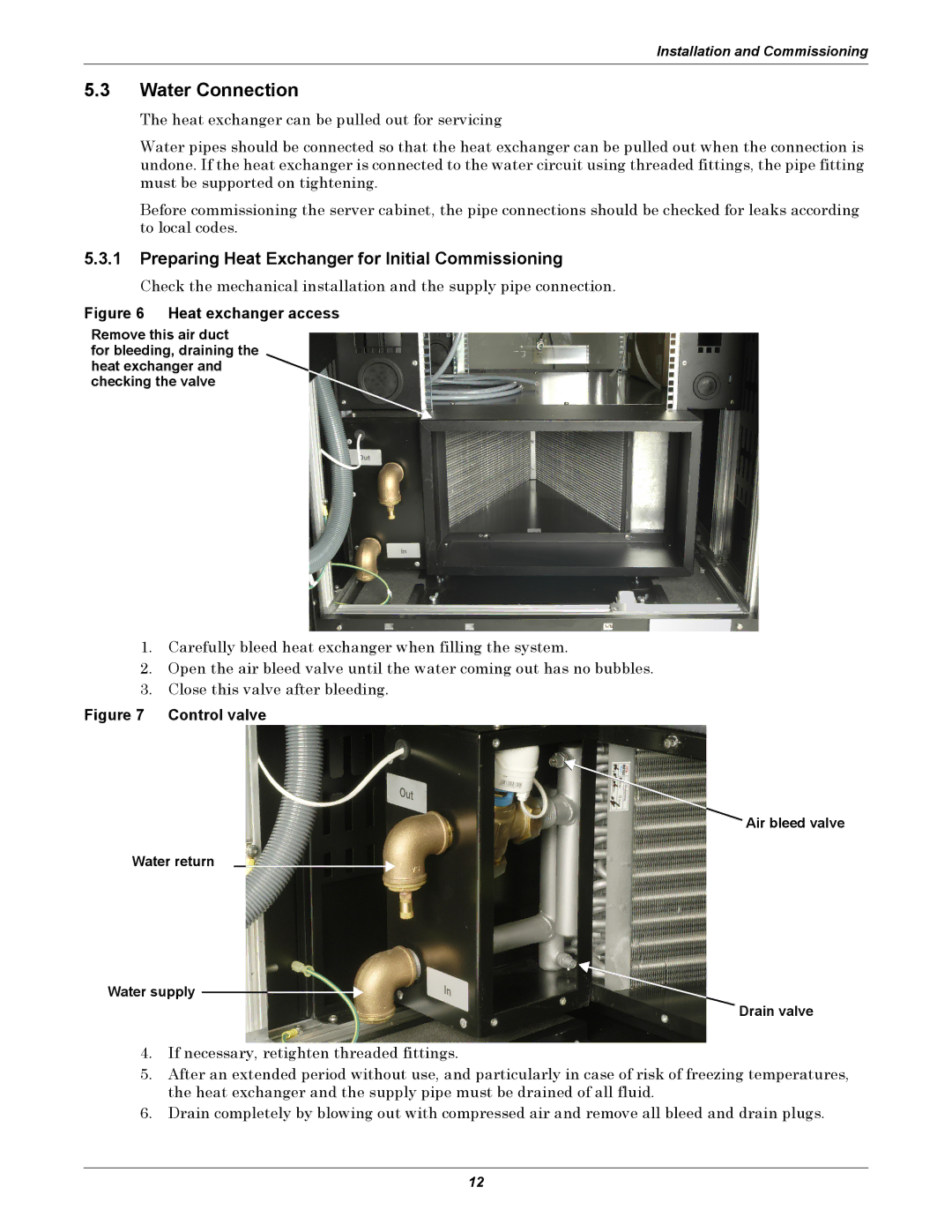 Liebert XDK user manual Water Connection, Preparing Heat Exchanger for Initial Commissioning 