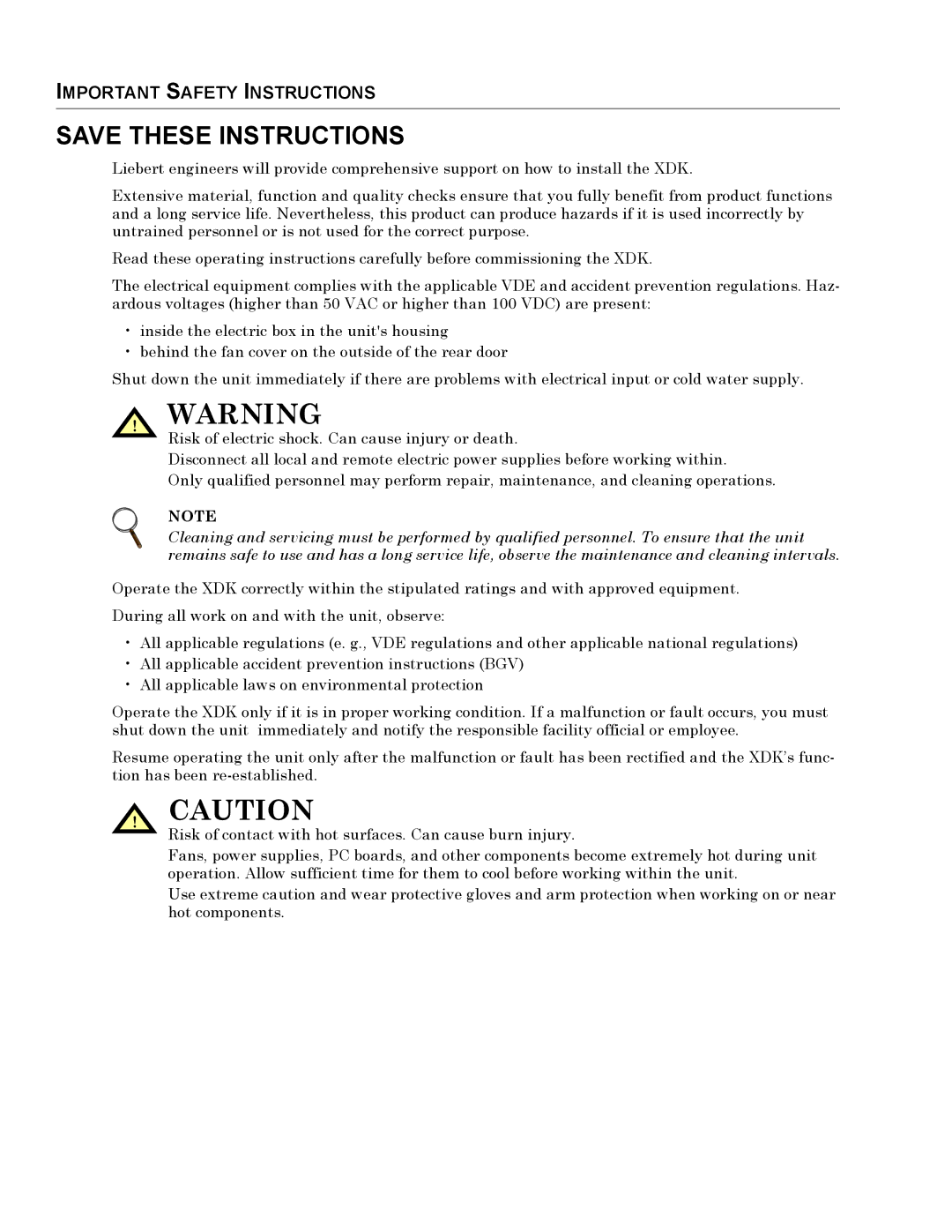 Liebert XDK user manual Important Safety Instructions 