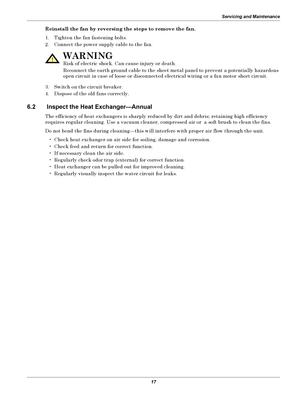 Liebert XDK user manual Inspect the Heat Exchanger-Annual, Reinstall the fan by reversing the steps to remove the fan 