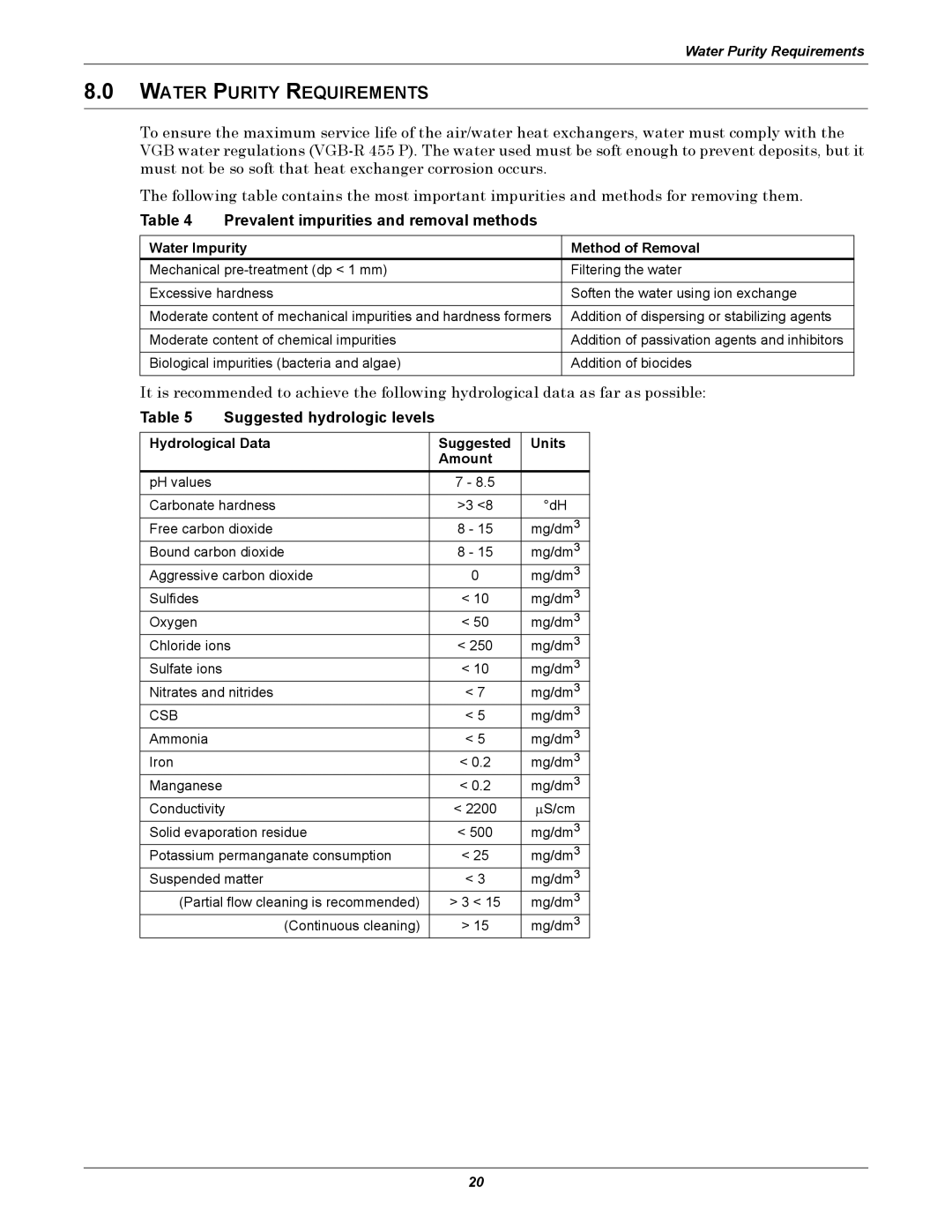 Liebert XDK user manual Water Purity Requirements, Prevalent impurities and removal methods, Suggested hydrologic levels 