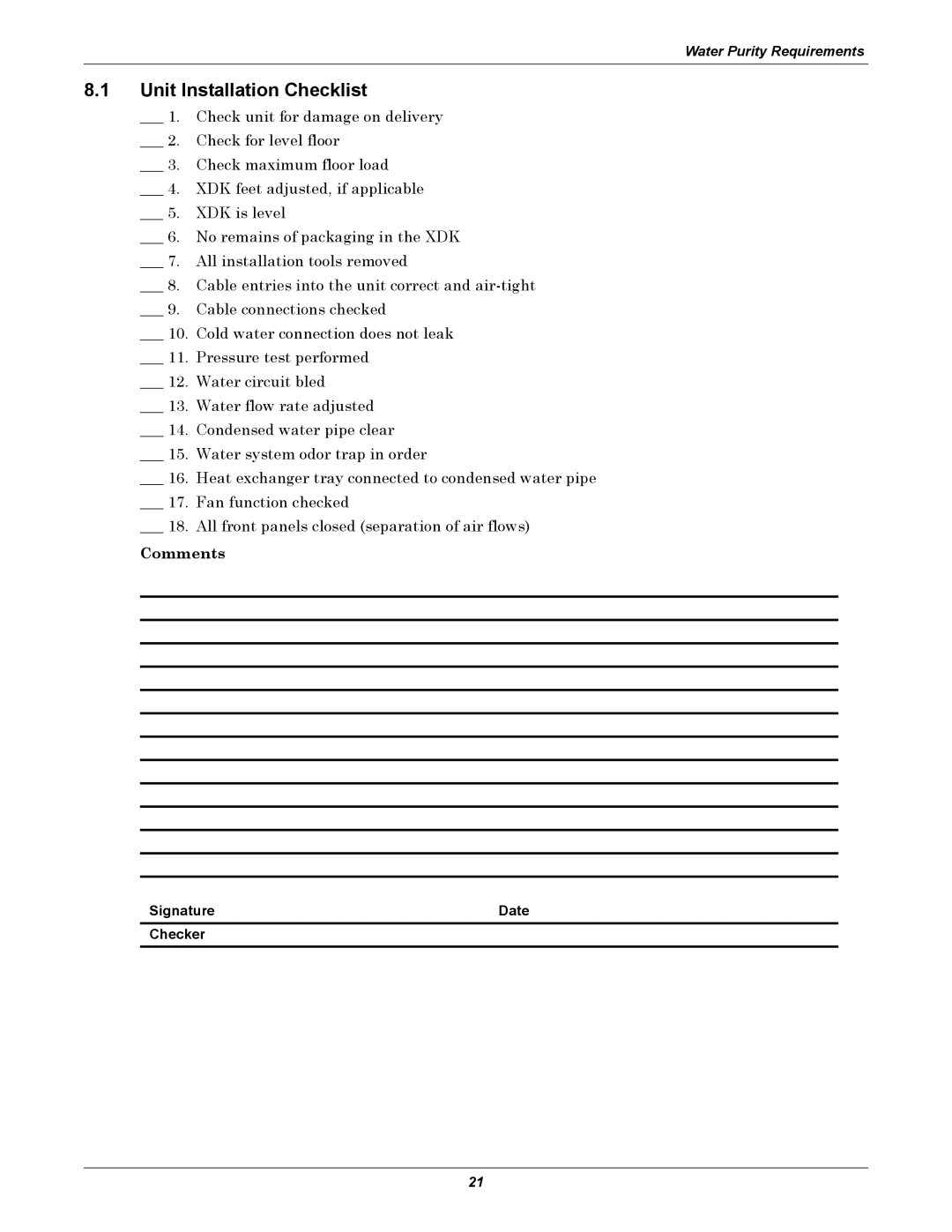 Liebert XDK user manual Unit Installation Checklist 