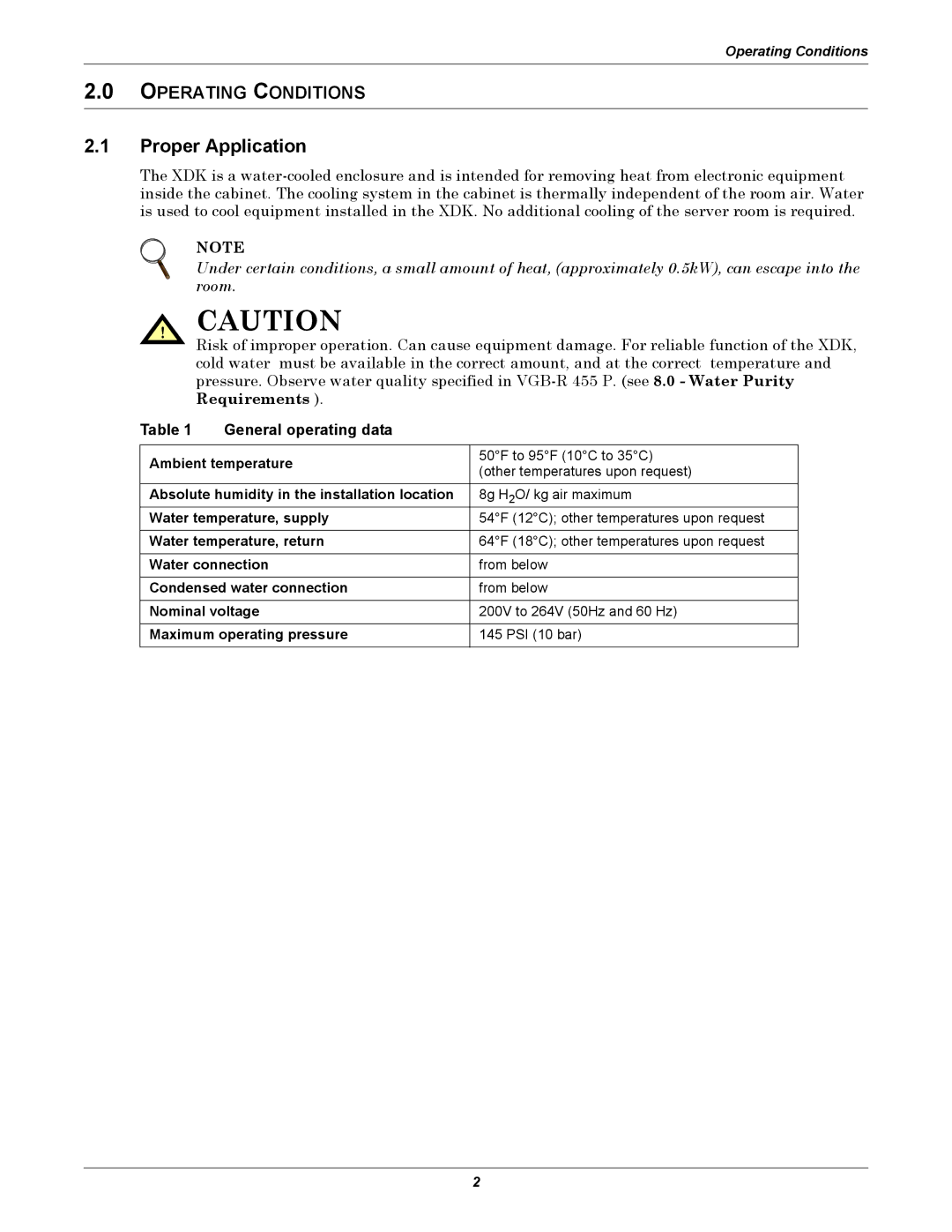 Liebert XDK user manual Proper Application, Operating Conditions, General operating data 