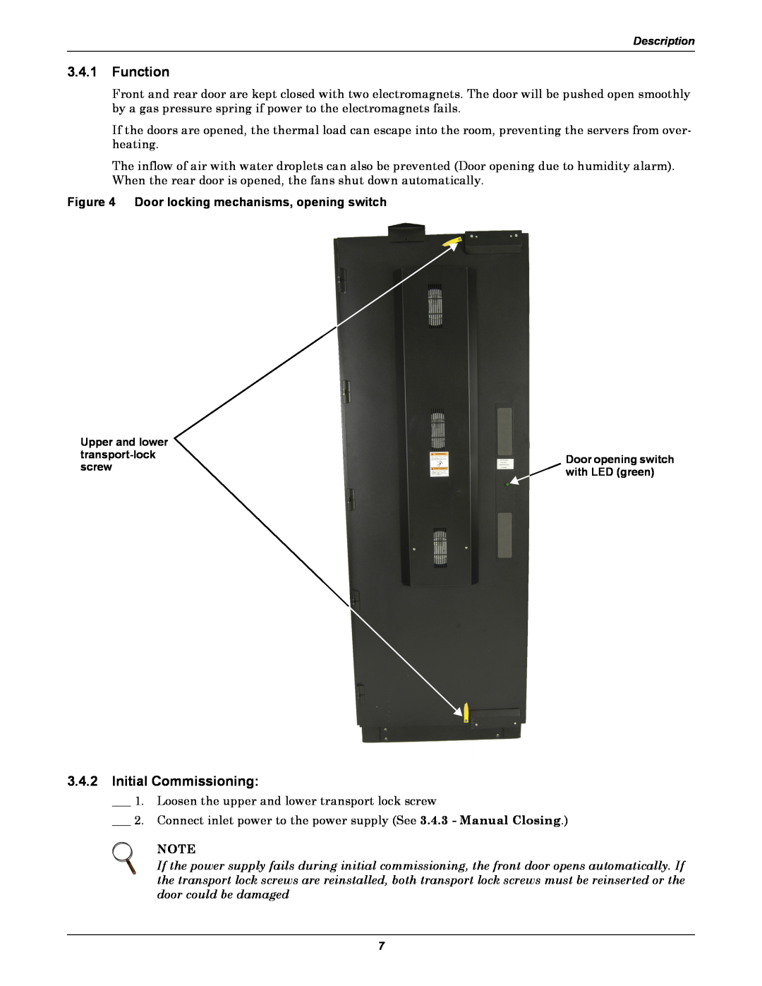 Liebert XDK user manual Function, Initial Commissioning, Door locking mechanisms, opening switch 