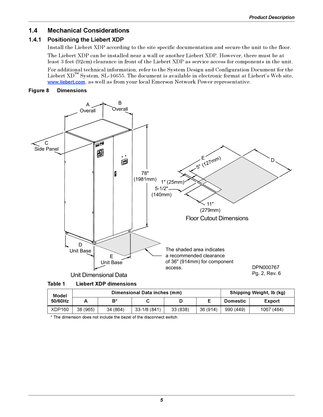 Liebert user manual Mechanical Considerations, Positioning the Liebert XDP, Liebert XDP dimensions 