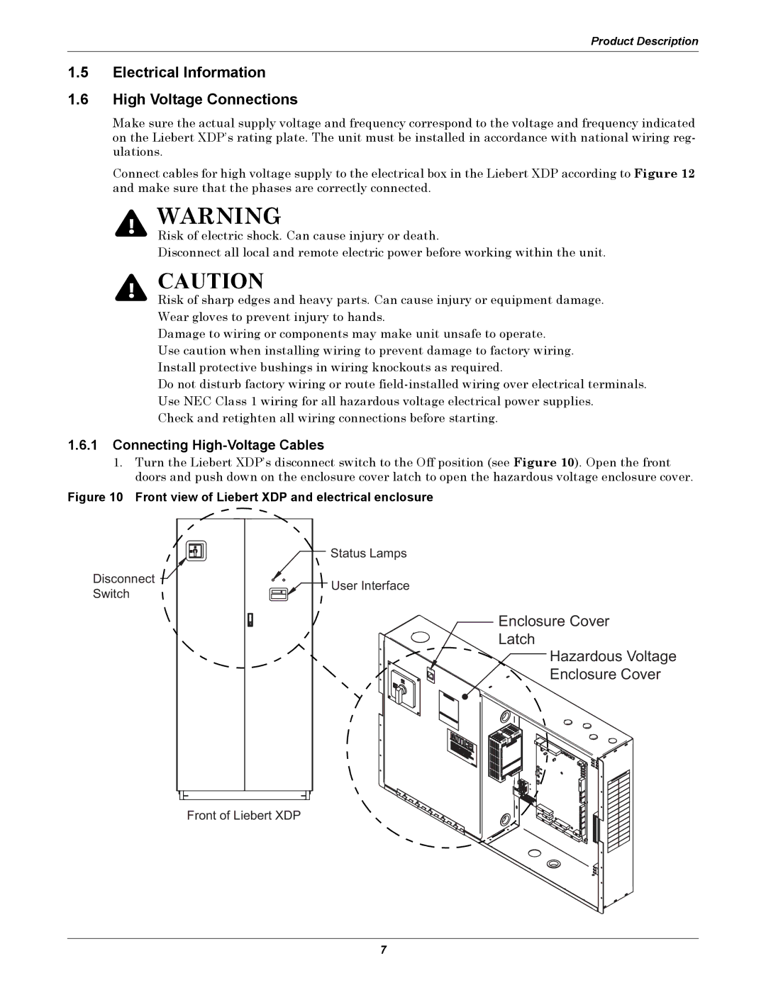 Liebert XDP user manual Electrical Information High Voltage Connections, Connecting High-Voltage Cables 