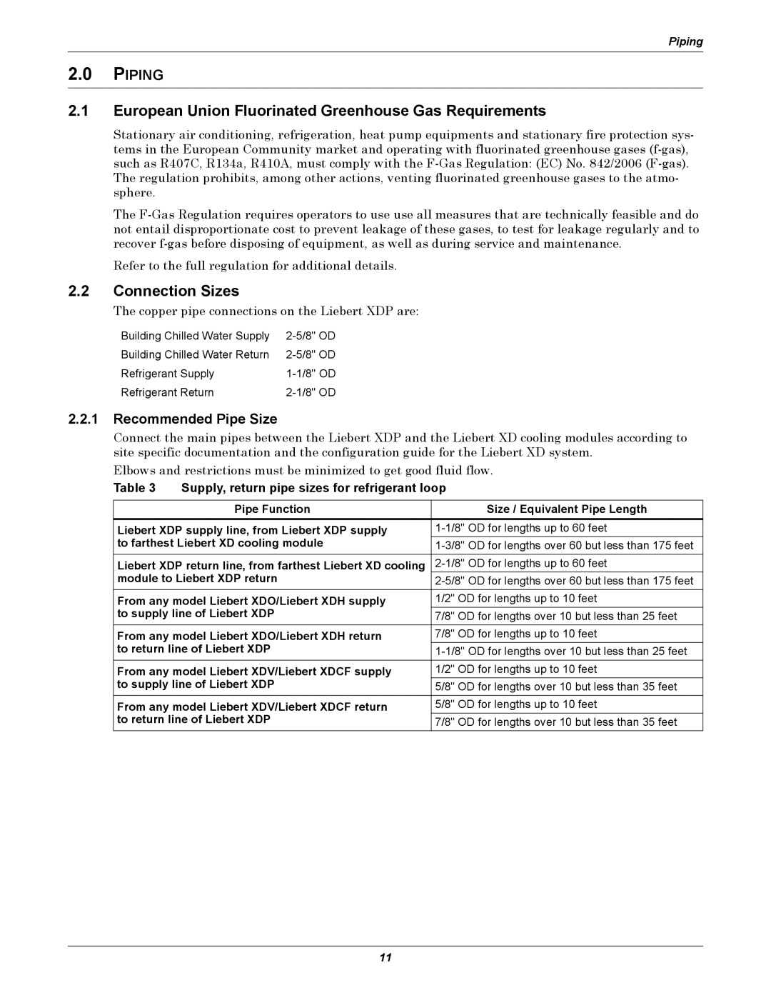 Liebert XDP European Union Fluorinated Greenhouse Gas Requirements, Connection Sizes, Piping, Recommended Pipe Size 