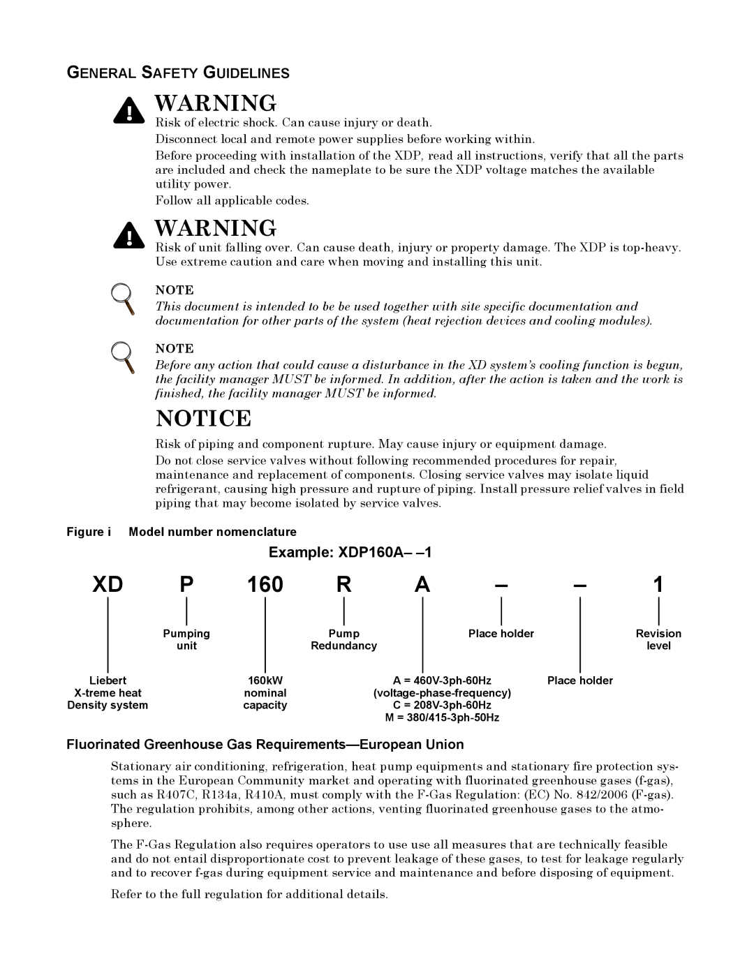 Liebert user manual Example XDP160A, General Safety Guidelines, Fluorinated Greenhouse Gas Requirements-European Union 