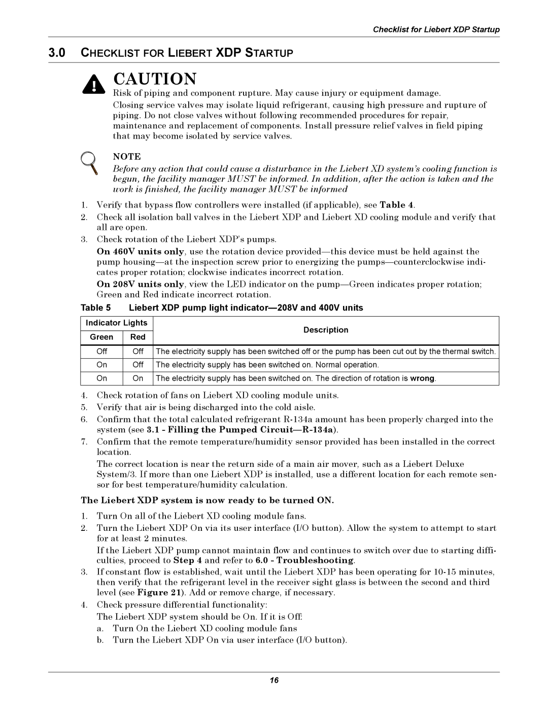 Liebert user manual Checklist for Liebert XDP Startup, Liebert XDP pump light indicator-208V and 400V units 