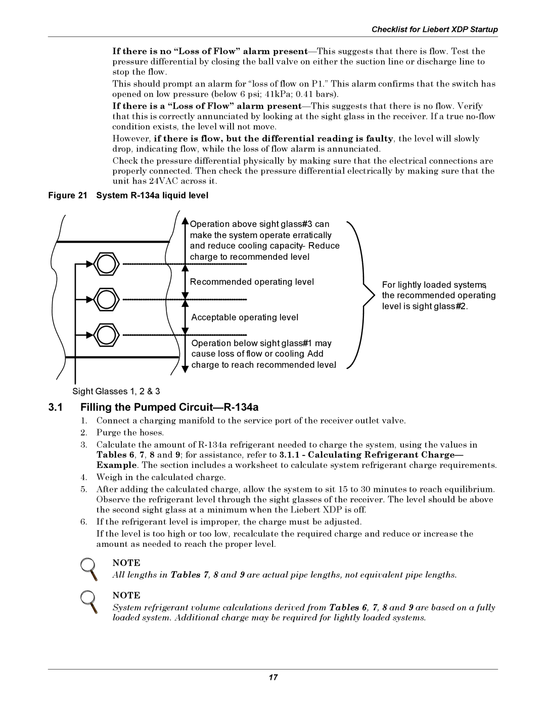 Liebert XDP user manual Filling the Pumped Circuit-R-134a, System R-134a liquid level 