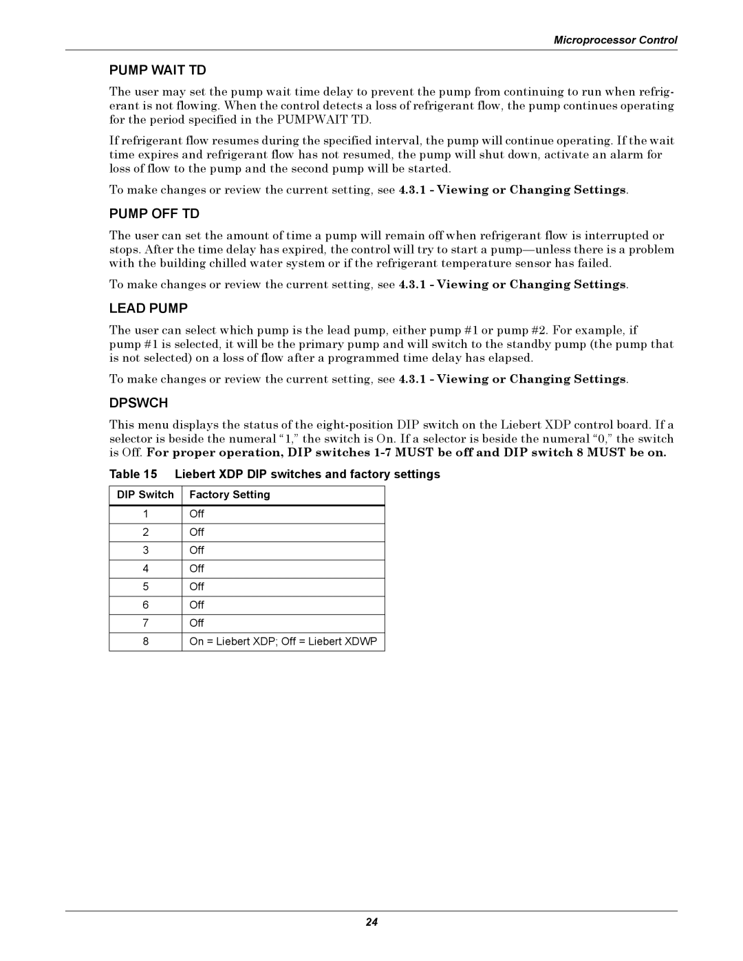 Liebert user manual Pump Wait TD, Pump OFF TD, Lead Pump, Dpswch, Liebert XDP DIP switches and factory settings 