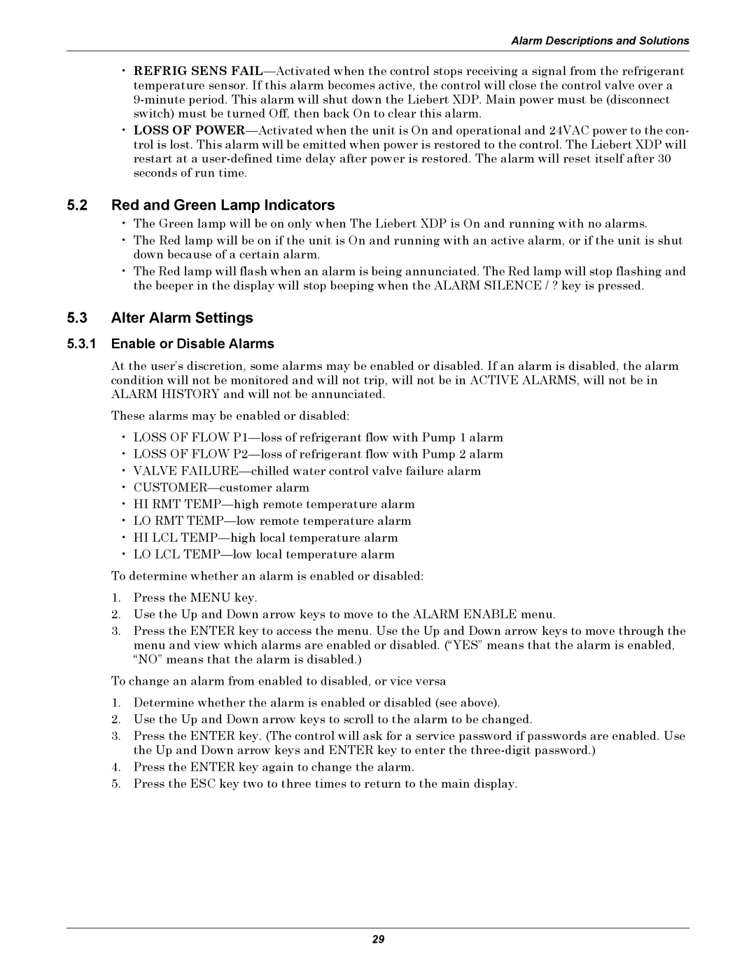 Liebert XDP user manual Red and Green Lamp Indicators, Alter Alarm Settings, Enable or Disable Alarms 