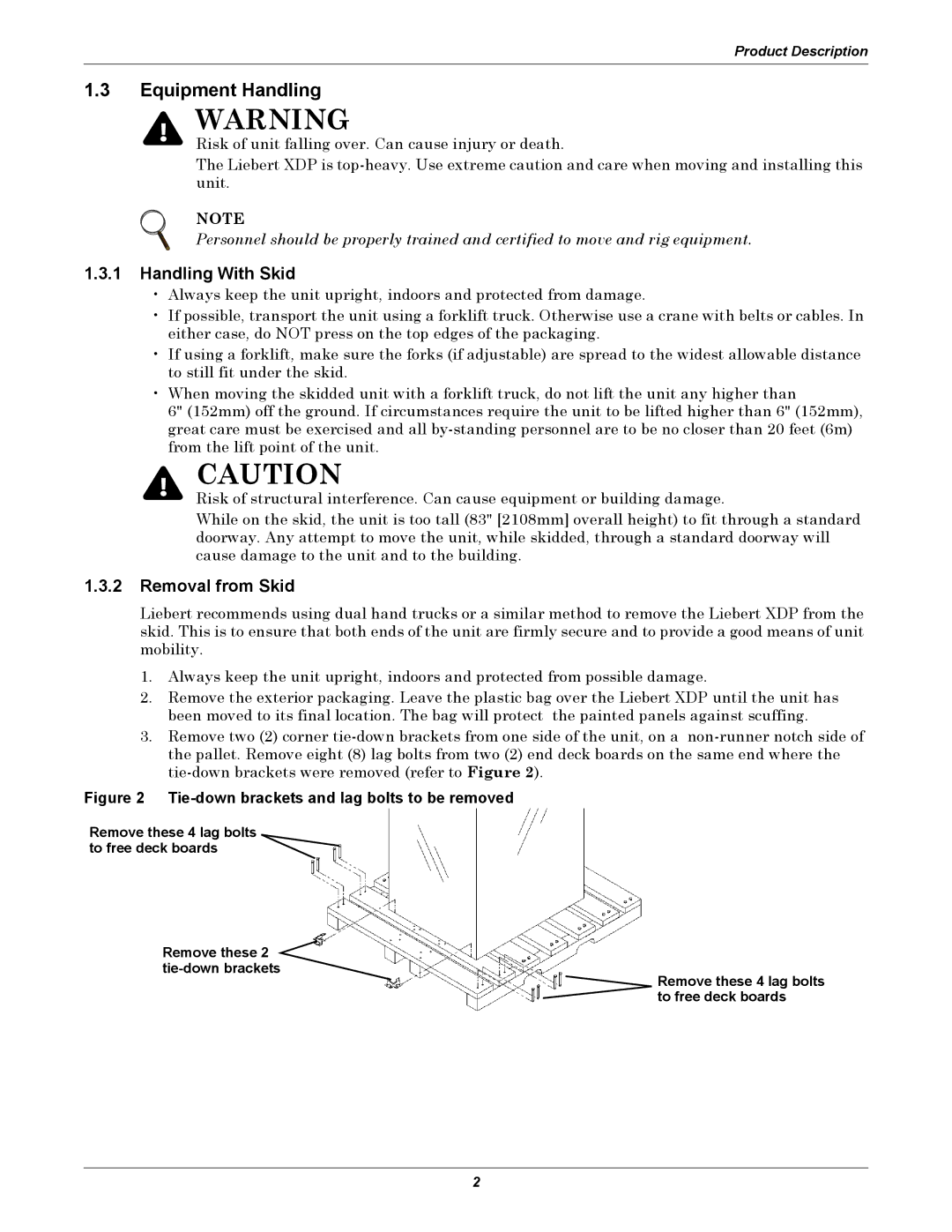 Liebert XDP user manual Equipment Handling, Handling With Skid, Removal from Skid 