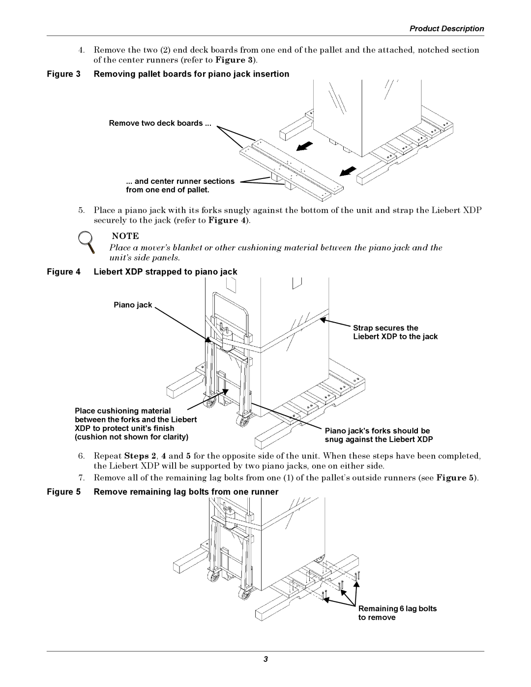 Liebert user manual Removing pallet boards for piano jack insertion, Liebert XDP strapped to piano jack 